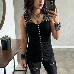 Y2K Lip Service Tank Top Womens S Black Studded Buckle Strap‎ Ruched Goth Punk